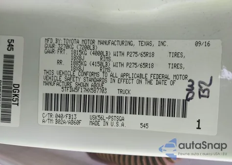 2017 Toyota Tundra Sr5 5.7L V8 из США, поврежденный, VIN 5TFDW5F17HX587703